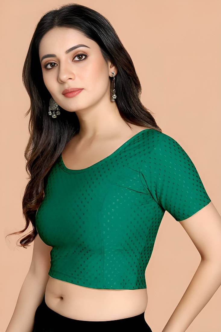 Bottel Green Cotton Lycra Fully Stretchable Round Neck Readymade Blouse With Half Sleeve