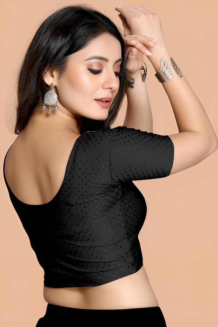 Black Cotton Lycra Fully Stretchable Round Neck Readymade Blouse With Half Sleeve