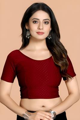 Maroon Cotton Lycra Fully Stretchable Round Neck Readymade Blouse With Half Sleeve 1