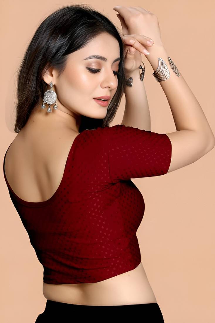 Maroon Cotton Lycra Fully Stretchable Round Neck Readymade Blouse With Half Sleeve