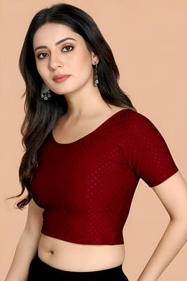 Maroon Cotton Lycra Fully Stretchable Round Neck Readymade Blouse With Half Sleeve 3