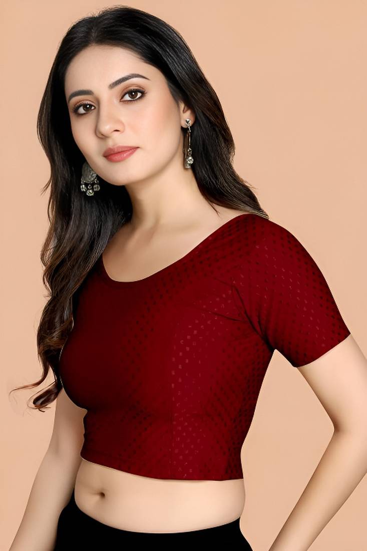 Maroon Cotton Lycra Fully Stretchable Round Neck Readymade Blouse With Half Sleeve