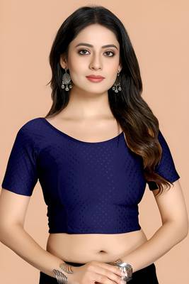 Navy Blue Cotton Lycra Fully Stretchable Round Neck Readymade Blouse With Half Sleeve 1