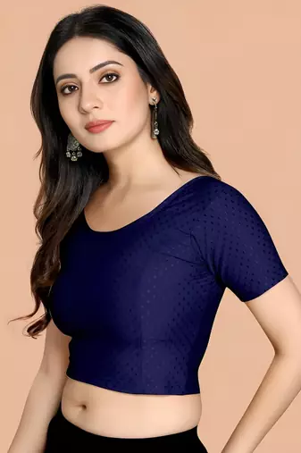 Navy Blue Cotton Lycra Fully Stretchable Round Neck Readymade Blouse With Half Sleeve