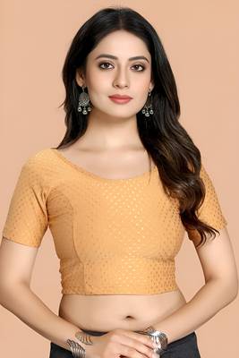 Cream Cotton Lycra Fully Stretchable Round Neck Readymade Blouse With Half Sleeve 1