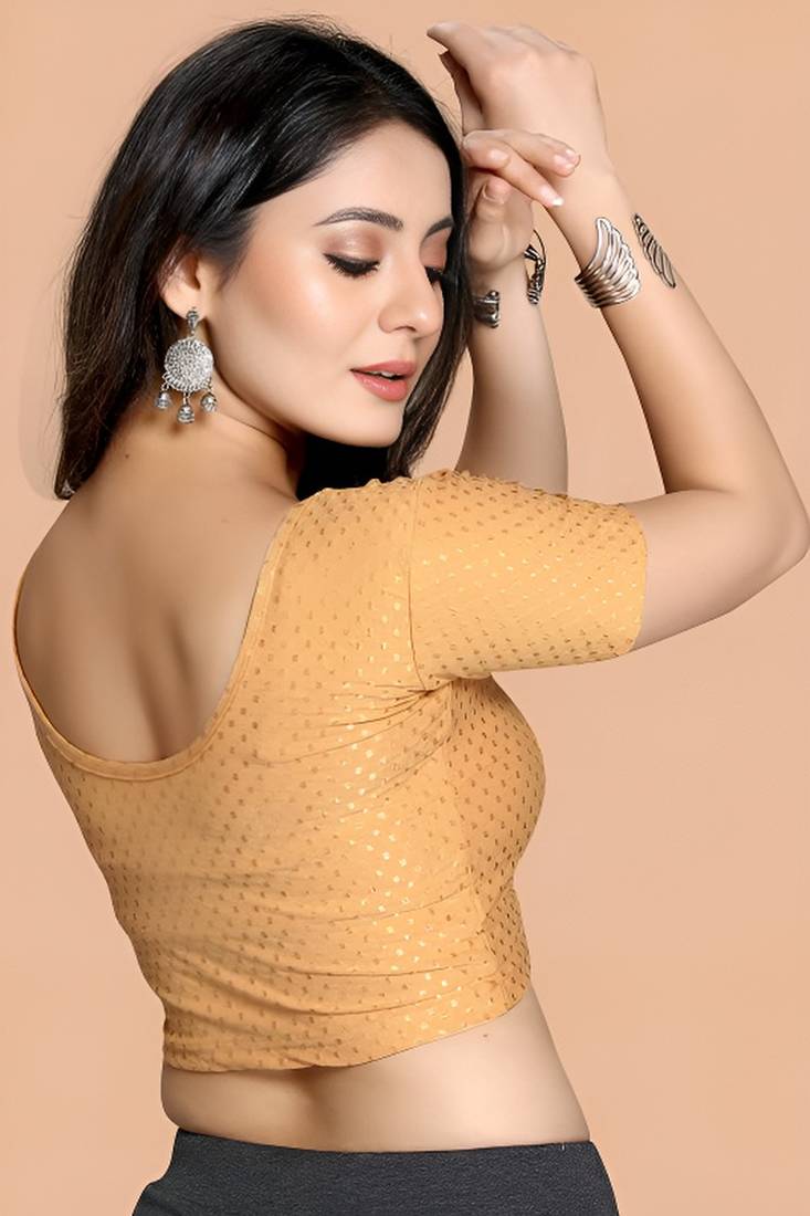 Cream Cotton Lycra Fully Stretchable Round Neck Readymade Blouse With Half Sleeve