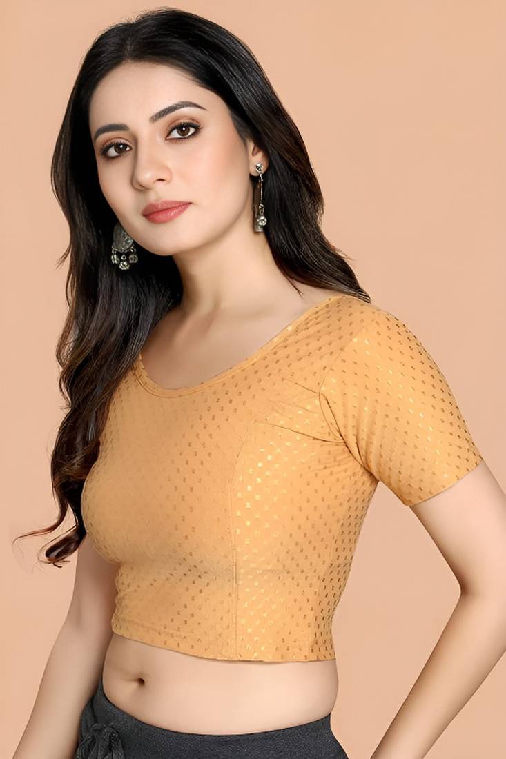 Cream Cotton Lycra Fully Stretchable Round Neck Readymade Blouse With Half Sleeve