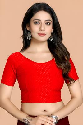 Red Cotton Lycra Fully Stretchable Round Neck Readymade Blouse With Half Sleeve 1