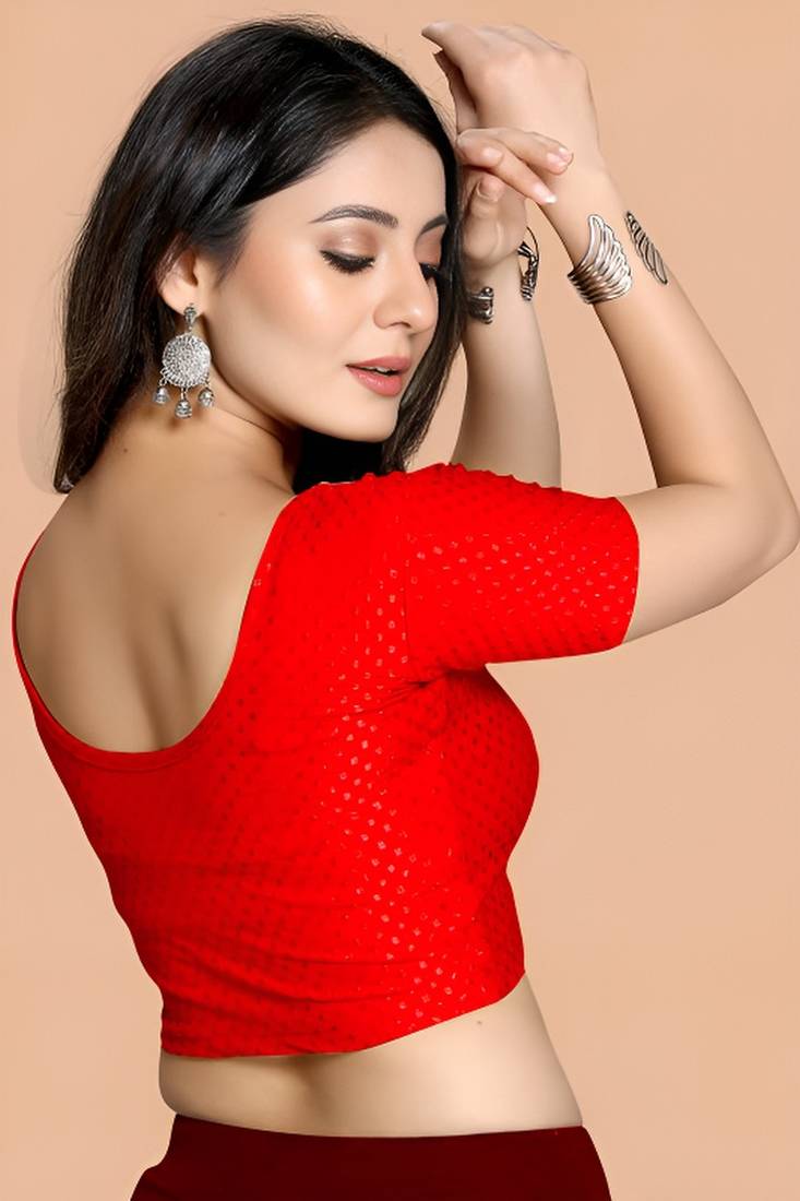 Red Cotton Lycra Fully Stretchable Round Neck Readymade Blouse With Half Sleeve