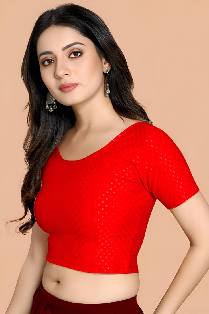Red Cotton Lycra Fully Stretchable Round Neck Readymade Blouse With Half Sleeve