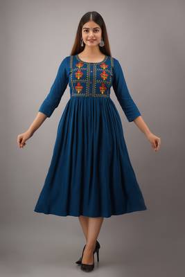 Nishabd women embroidered viscose rayon flared 3/4 sleeves calf length kurta 1