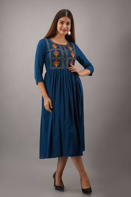 Nishabd women embroidered viscose rayon flared 3/4 sleeves calf length kurta 2