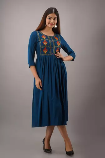 Nishabd women embroidered viscose rayon flared 3/4 sleeves calf length kurta