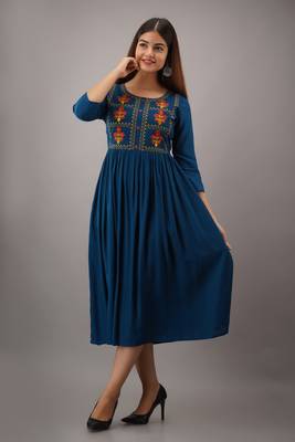 Nishabd women embroidered viscose rayon flared 3/4 sleeves calf length kurta 3