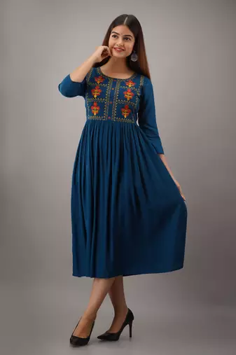 Nishabd women embroidered viscose rayon flared 3/4 sleeves calf length kurta