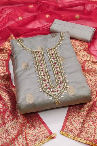Grey Organza Banarasi Hand Work Dress Material With Inner