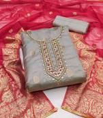 Grey Organza Banarasi Hand Work Dress Material With Inner