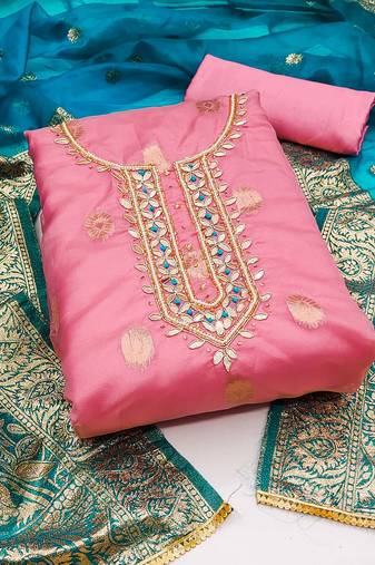Pink Organza Banarasi Hand Work Dress Material With Inner