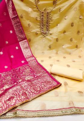 Yellow Organza Banarasi Hand Work Dress Material With Inner 2