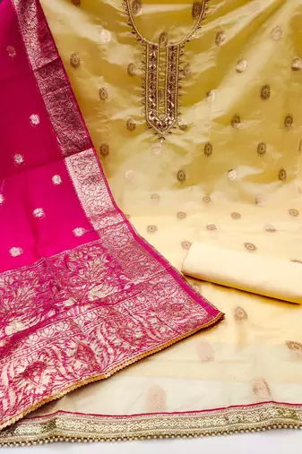 Yellow Organza Banarasi Hand Work Dress Material With Inner