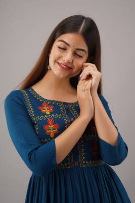 Nishabd women embroidered viscose rayon flared 3/4 sleeves calf length kurta 5