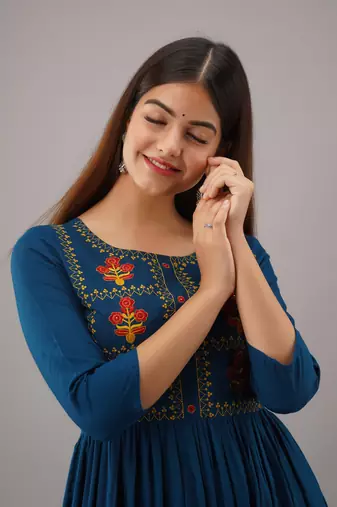 Nishabd women embroidered viscose rayon flared 3/4 sleeves calf length kurta