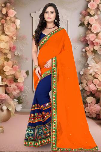 Orange Embroidered Georgette Saree With Blouse