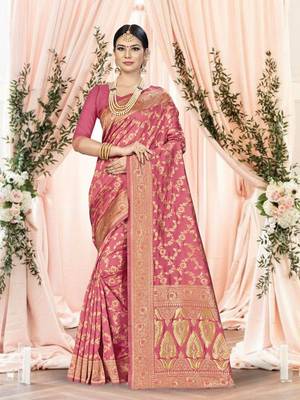 Peach Woven Art Silk Saree With Blouse 6