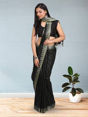 Black Hand Woven Poly Silk Handloom Sarees 1
