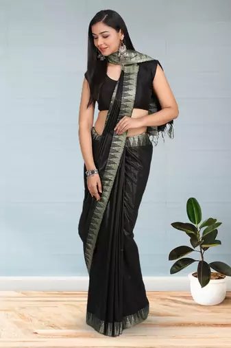 Black Hand Woven Poly Silk Handloom Sarees