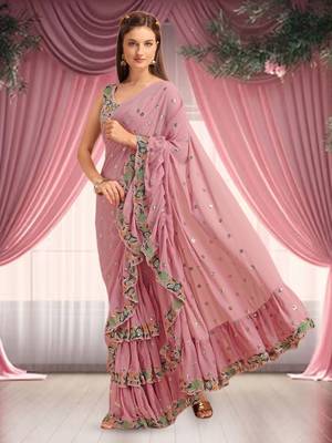 Rose Pink Faux Georgette Sequin Embroidered Ruffled Saree 1