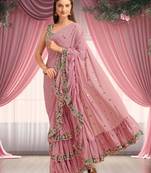 Rose Pink Faux Georgette Sequin Embroidered Ruffled Saree
