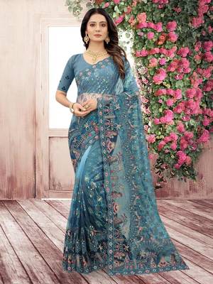 Turquoise Embroidered Net Saree With Blouse 5