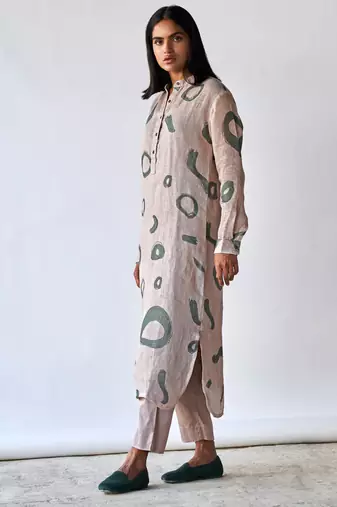 Oatmeal and green linen Kurta set