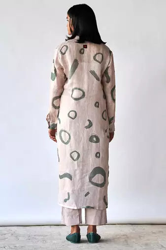 Oatmeal and green linen Kurta set