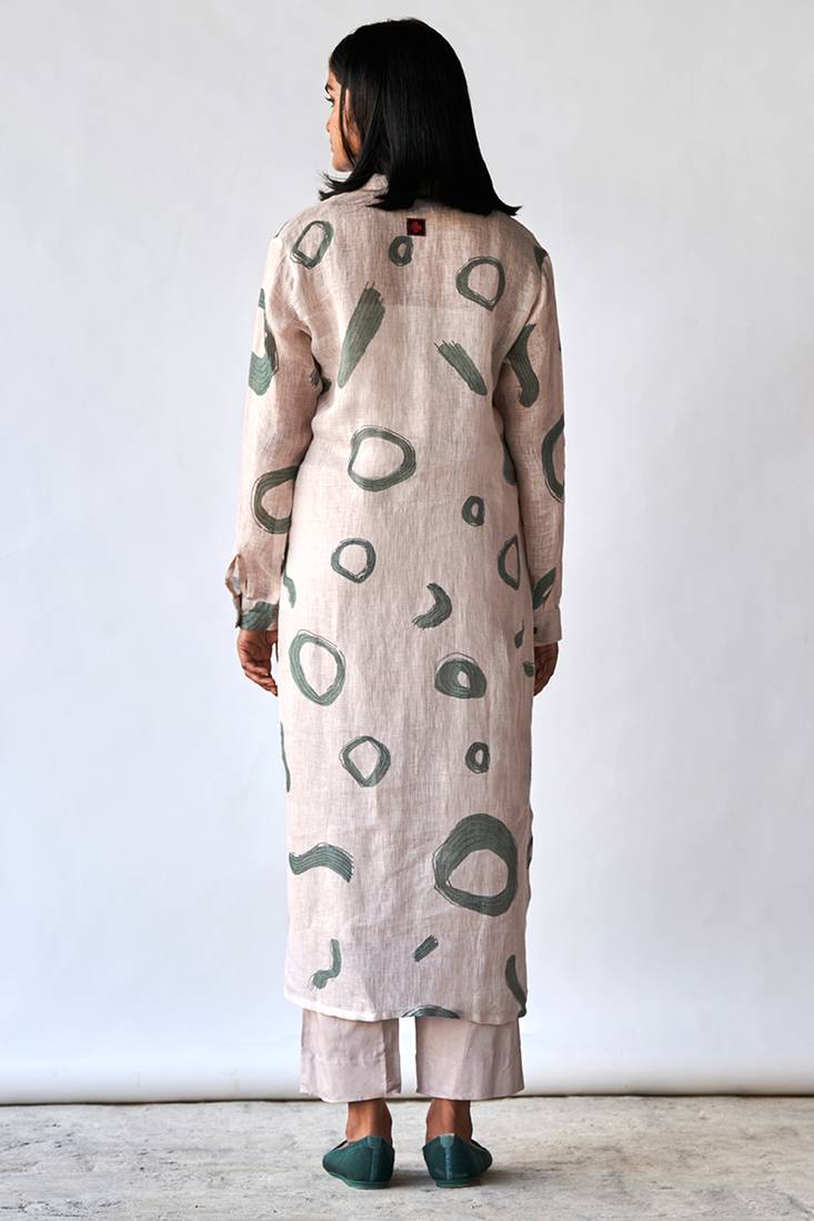 Oatmeal and green linen Kurta set