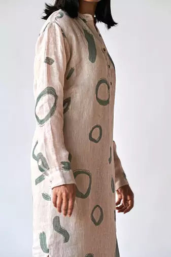 Oatmeal and green linen Kurta set