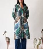 Cream and blue leaf linen Kurta set