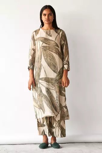 Fog beige and green linen Kurta set