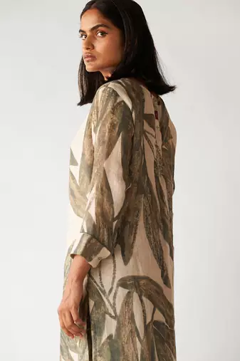 Fog beige and green linen Kurta set