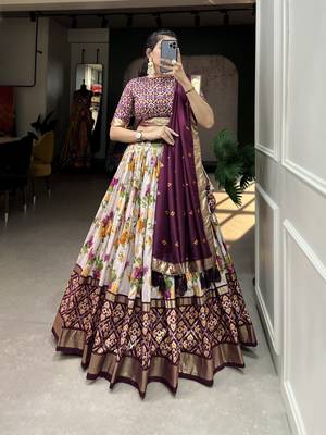 Women's Tussar Silk With Floral And Patola Print And Foil Work Lehenga Choli Set 1