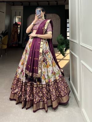 Women's Tussar Silk With Floral And Patola Print And Foil Work Lehenga Choli Set 3
