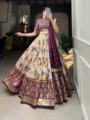Women's Tussar Silk With Floral And Patola Print And Foil Work Lehenga Choli Set 4