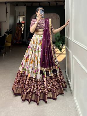 Women's Tussar Silk With Floral And Patola Print And Foil Work Lehenga Choli Set 5