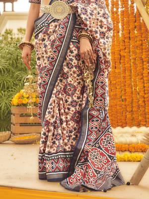 Elora Sigma Silk Ajrakh Patola Saree With Golden Print  For Women (Blue) 2