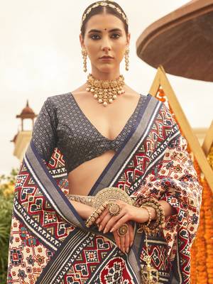 Elora Sigma Silk Ajrakh Patola Saree With Golden Print  For Women (Blue) 3