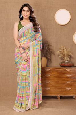 Parrot green geometric printed georgette saree with fancy lace 1
