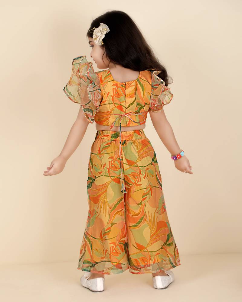 Kids farm girls  silk printed &  embellished crop top & palazzo set