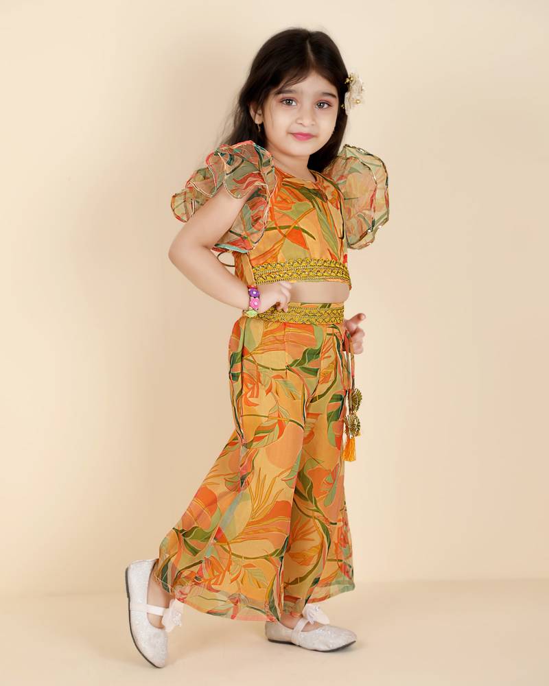 Kids farm girls  silk printed &  embellished crop top & palazzo set
