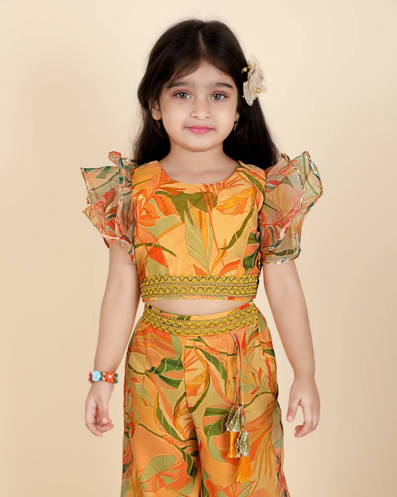 Kids farm girls  silk printed &  embellished crop top & palazzo set